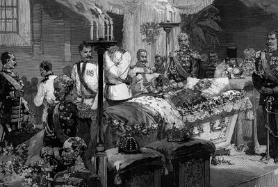 Soldater fra slagskipsregimentet til Alexander II (1818-1881) skal kysse hånden til den avdøde tsaren, i katedralen St. Peter og Paul av St. Petersburg (St. Petersburg) av Frederic de Haenen