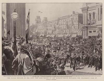 Sjøforsvarsbrigaden i byen, Lord Mayor ved Mansion House ser på prosesjonen passere av Frederic de Haenen