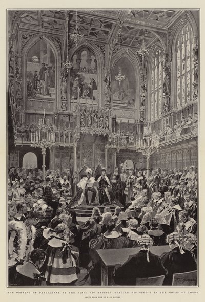 Åpningen av parlamentet av Kongen, Hans Majestet som leser hans tale i House of Lords av Frederic de Haenen