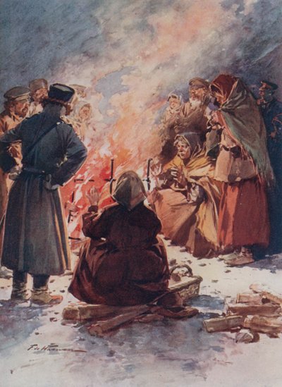 De fattige i Moskva varmer seg ved gatebranner om vinteren av Frederic de Haenen