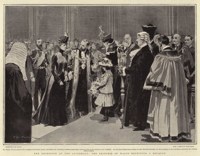 Mottakelsen i Guildhall, prinsessen av Wales mottar en bukett av Frederic de Haenen