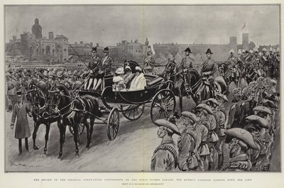 Gjennomgangen av de koloniale kroningskontingentene på Horse Guards Parade, dronningens vogn passerer nedover linjen av Frederic de Haenen