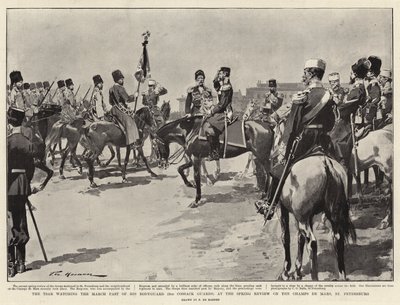 Tsaren ser på marsfortiden til livvakten hans (andre kosakkvakt) på Spring Review på Champs de Mars, St. Petersburg av Frederic de Haenen
