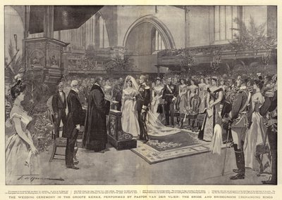 Bryllupsseremonien i Groote Kerke, utført av pastor Van der Vlier, bruden og brudgommen bytter ringer av Frederic de Haenen