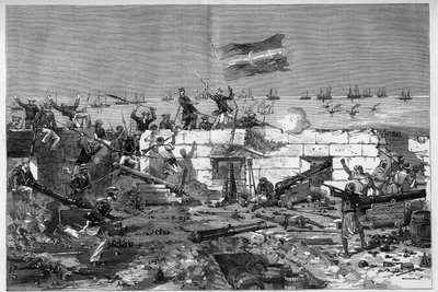 Tunisia, juli 1881: Franske tropper tok byen Stax etter innbyggernes opprør mot det franske protektoratet Tunisia. Marinerifler tar av det sirkulære batteriet. Gravering av De Haenen i "" The Illustrous World"" nr. 1273 av 20. august av Frederic de Haenen