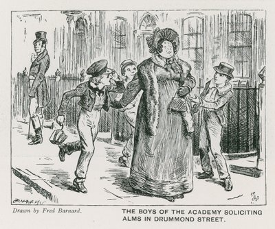 Guttene ved Wellington House Academy ber om almisser i Drummond Street (gravering) av Frederick (after) Barnard