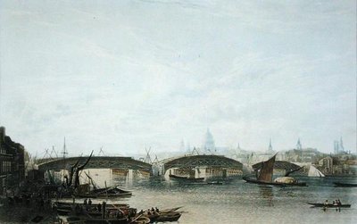 A View of the Southwark Bridge slik den så ut i mai 1818, gravert av W. Bennett etter en tegning av originalen av W.H. Timms av Frederick (after) Nash