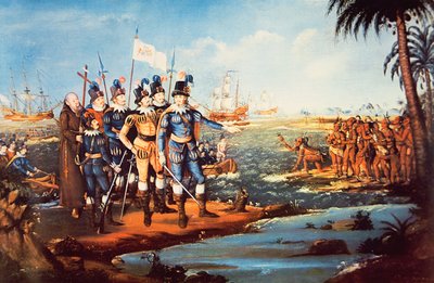 The Landing of Christopher Columbus in the New World (olje på lerret) av Frederick (attr. to) Kemmelmeyer