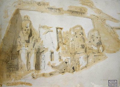 Fire kolossale statuer av Ramesses II (1279–1213 f.Kr.) ved Abu Simbels store tempel av Frederick Arthur Bridgman