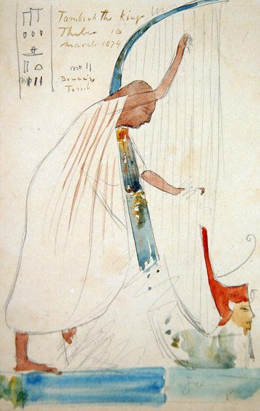 Veggmaleri av en harpist i graven til Ramesses III i Theben av Frederick Arthur Bridgman