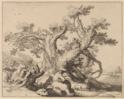 En mann og hunden hans hviler ved et stort tre av Frederick Bloemaert after Abraham Bloemaert