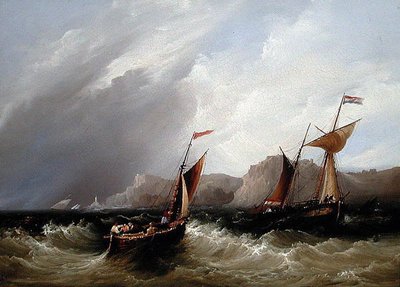 Fartøy utenfor en steinete kystlinje (olje om bord) av Frederick Calvert