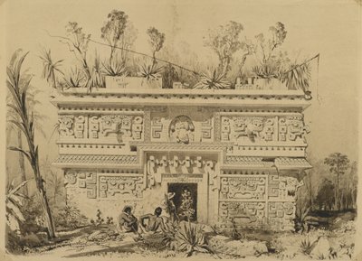 Las Monjas, Chichen Itza, Yucatan, 1843 (sepia blekk og vask på vevd papir) av Frederick Catherwood
