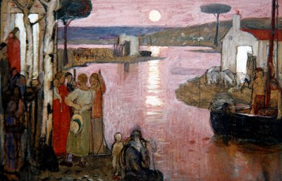 Kveldsidyll, ca. 1910 (tempera på svart fargestift om bord) av Frederick Cayley Robinson