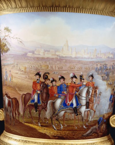 Detalj av Wellington og offiserene hans fra en Berlin-gullmalt slank campana-vase og sokkel av Wellington-servicetype, malt med en scene fra slaget ved Vittoria, 1817 av Frederick Christian Lewis