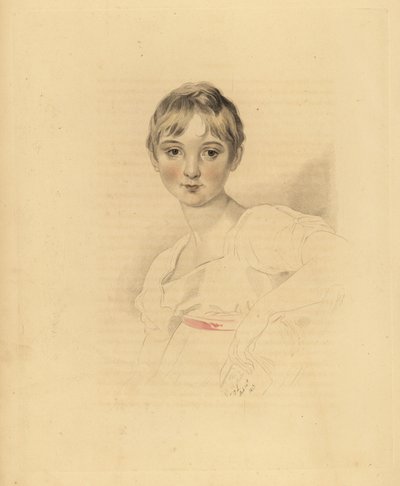 Portrett av Lucy Meredith, niese til Sir Thomas Lawrence. Ung pre-tenåringsjente i hvit kjole med rosa båndbelte. Håndtonet gravering av Frederick Christian Lewis etter en illustrasjon av Sir Thomas Lawrence fra P.G. Patmore