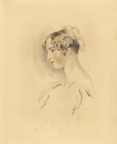 Portrett av Mary Isabella Bloxam som en ung kvinne, niese til Sir Thomas Lawrence. Med håret opp og krøllet, i en off-the-skulder kjole. Gravering av Frederick Christian Lewis etter en illustrasjon av Sir Thomas Lawrence fra P.G. Patmores kabinett av G av Frederick Christian Lewis