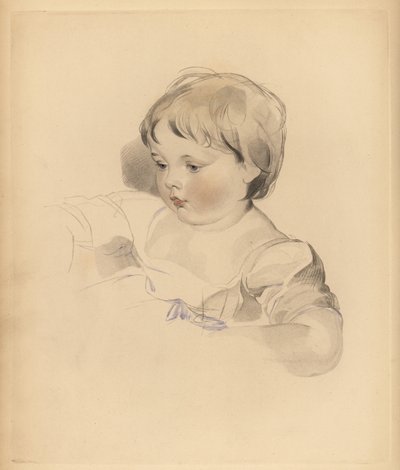 Portrett av Rowland Bloxam, nevø til Sir Thomas Lawrence. Lubben gutt i kjole knyttet med blått bånd. Håndtonet gravering av Frederick Christian Lewis etter en illustrasjon av Sir Thomas Lawrence fra P.G. Patmore