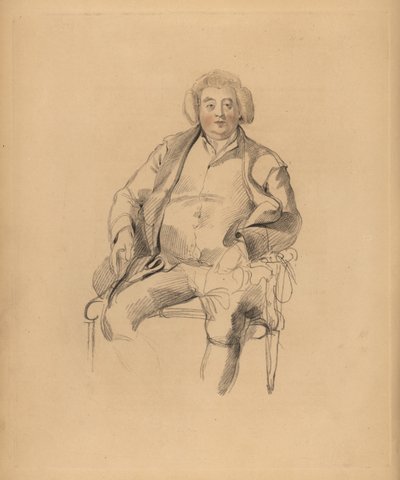 Portrett av Sir Thomas Lawrences far, gjestgiver Thomas Lawrence. Portly mann i parykk sittende på en stol. Håndtonet gravering av Frederick Christian Lewis etter en illustrasjon av Sir Thomas Lawrence fra P.G. Patmore