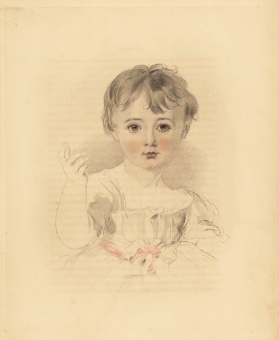 Portrett av Thomas Lawrence Bloxam, nevø til Sir Thomas Lawrence. I kjole knyttet med rosa sløyfe. Håndtonet gravering av Frederick Christian Lewis etter en illustrasjon av Sir Thomas Lawrence fra P.G. Patmore