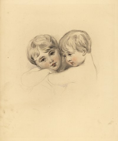 Portrett av Calmeady-barna i en omfavnelse. Håndtonet gravering av Frederick Christian Lewis etter en illustrasjon av Sir Thomas Lawrence fra PG Patmore's Cabinet of Gems, Ackermann, London av Frederick Christian Lewis