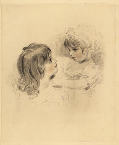 Portrett av to barn. Den eldste holder et motvillig yngre barn i panser og kjole. Håndtonet gravering av Frederick Christian Lewis etter en illustrasjon av Sir Thomas Lawrence fra P.G. Patmore