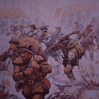 Den amerikanske invasjonen av Canada. Benedict Arnolds soldater marsjerte fra Boston til Quebec i 1775, ca. 1930 (farge litho) av Frederick Coffay (after) Yohn