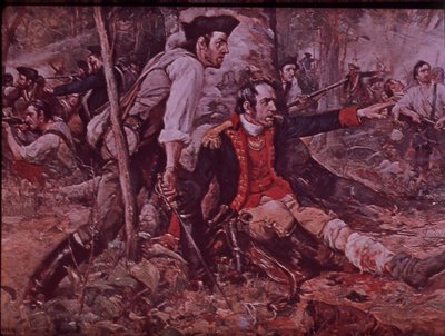 Slaget ved Oriskany i 1777, ca. 1930 (farge litho) av Frederick Coffay (after) Yohn