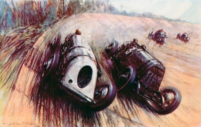 Et kjempeslag ved Brooklands, Parry Thomass hvite Leyland som kjemper mot Eldridges store Fiat på banken (farge litho) av Frederick Gordon (after) Crosby