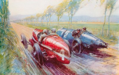 Felice Nazzaro vant Grand Prix i 1922, og håndterte en av de nye og veldig raske Fiatene (farge litho) av Frederick Gordon (after) Crosby