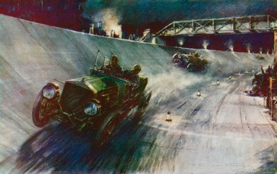 I 1907 lyktes S F Edge, som kjørte Napier enhånds, i å opprettholde 60 mph i 24 timer, den første rekorden på den nye Brooklands-banen (farge litho) av Frederick Gordon (after) Crosby