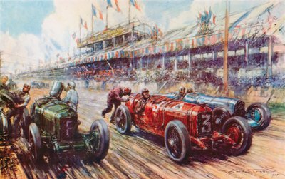 I Grand Prix 1924 ledet Ascaris Alfa Romeo løpet nesten til mål, bare for å tape fordi motoren ikke ville starte på nytt etter et pit-stopp (farge litho) av Frederick Gordon (after) Crosby