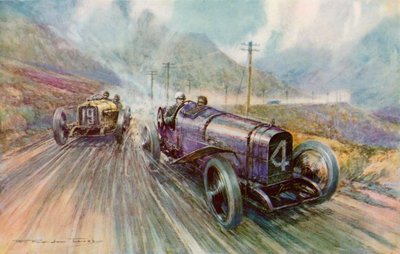 K Lee Guinness med solstrålen i det to-dagers 600-mile Tourist Trophy-løpet på Isle of Man, som han vant på 56,44 mph (fargelitho) av Frederick Gordon (after) Crosby
