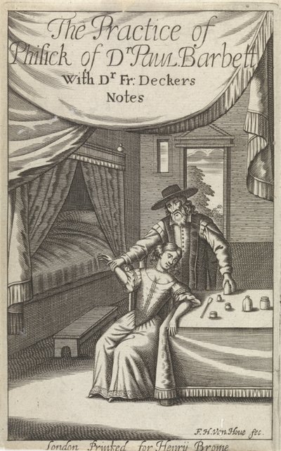 Lege med ung kvinne i et interiør Tittelside for: Dekkers, F., The Practice of Phisick of Dr. Paul Barbett av Frederick Hendrick van den Hove