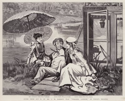 De engelske skuespillerne Irene Vanbrugh, John Lawrence Toole og Mary Ansell i en produksjon av J M Barries skuespill Walker, London, på Toole