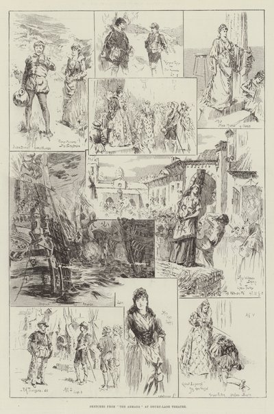 Skisser fra The Armada på Drury-Lane Theatre av Frederick Henry Townsend