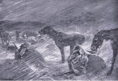 En sørafrikansk haglstorm, fra After Pretoria: The Guerilla War utgitt av Harmsworth Bros Limited, 1901 av Frederick Judd Waugh