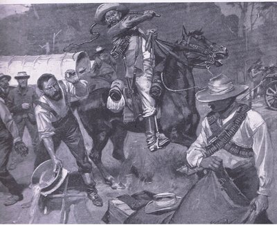 Boerebehandling av fredsutsendinger: The pisking of Margendaal, fra After Pretoria: The Guerilla War utgitt av Harmsworth Bros Limited, 1901 av Frederick Judd Waugh