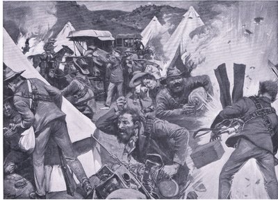 Boere som plyndrer den britiske leiren ved Nooitgedacht under artilleriild, fra After Pretoria: The Guerilla War utgitt av Harmsworth Bros Limited, 1901 av Frederick Judd Waugh