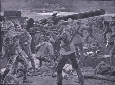 Angrepet på Gun Hill: Gunners of the Naval 47 overrasket, fra After Pretoria: The Guerilla War publisert av Harmsworth Bros Limited, 1901 av Frederick Judd Waugh