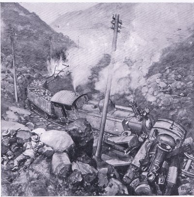 Ødeleggelsen av et pansret tog nær Vlakfontein, illustrasjon fra After Pretoria: The Guerilla War, 1902 av Frederick Judd Waugh