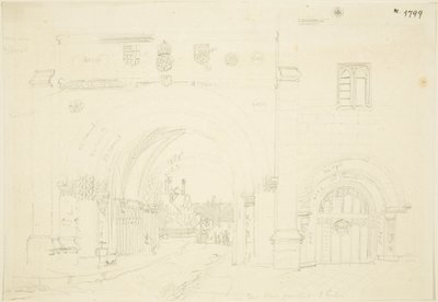 Abbey Gatehouse of Bristol Cathedral, Looking South (blyant på papir) av Frederick Mackenzie