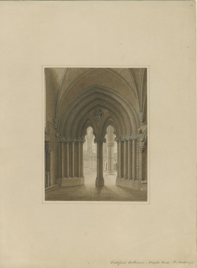 Interiør i Lichfield Cathedral - Chapter House-døråpning: sepia-tegning, og [c 1820] av Frederick Mackenzie