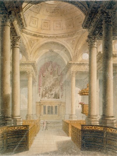 Interiør av Church of St Stephen Walbrook, City of London, 1810 av Frederick Mackenzie