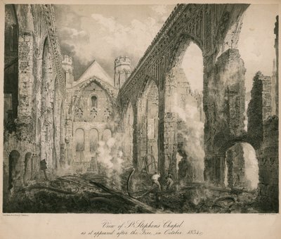 Utsikt over St Stephen's Chapel slik det så ut etter brannen i oktober 1834 av Frederick Mackenzie