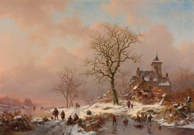 Vinterlandskap med figurer som leker på isen, 1868 av Frederick Marianus Kruseman