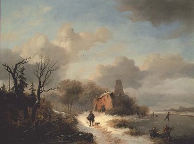 Vinterlandskap med bonde og figurer på is av Frederick Marianus Kruseman