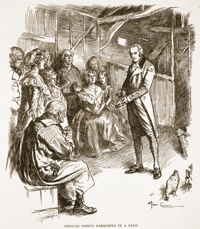Charles Simeon forkynner i en låve, illustrasjon fra 