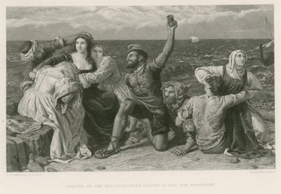 Pirates of the Mediterranean som spiller på terninger for fanger (gravering) av Frederick Richard Pickersgill