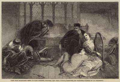 Scene fra Shakespeares Henry IV, Lady Mortimer, Mortimer, Lady Percy, Hotspur, Glendower og Worcester av Frederick Richard Pickersgill